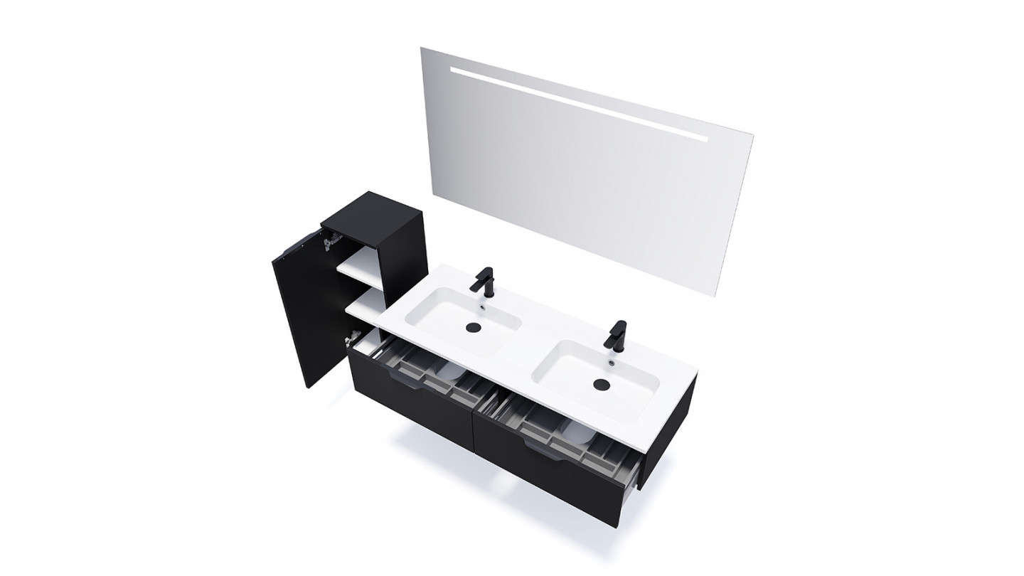 Meuble de salle de bain suspendu double vasque intégrée 140cm 2 tiroirs Noir + miroir + colonne ouverture gauche - Loft