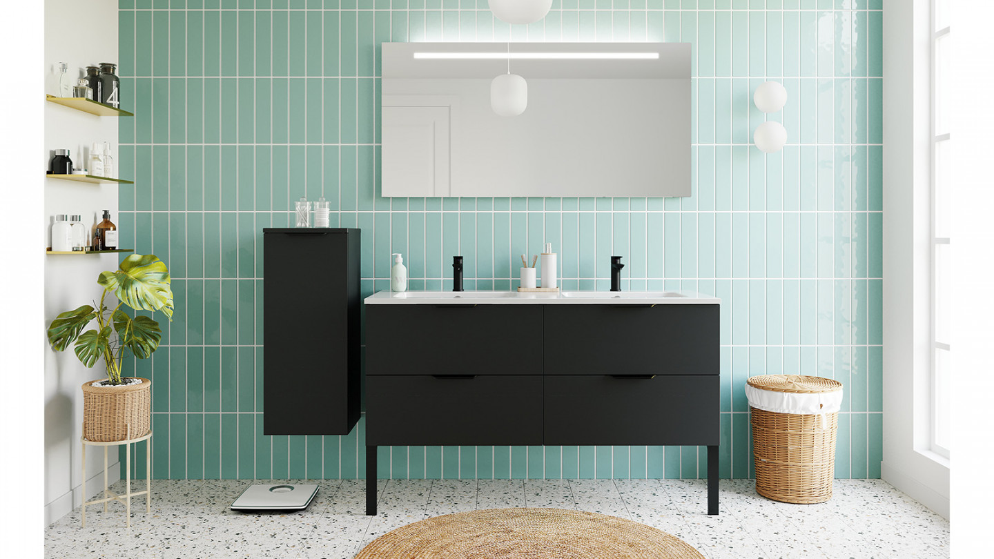 Meuble de salle de bain suspendu double vasque intégrée 140cm 4 tiroirs