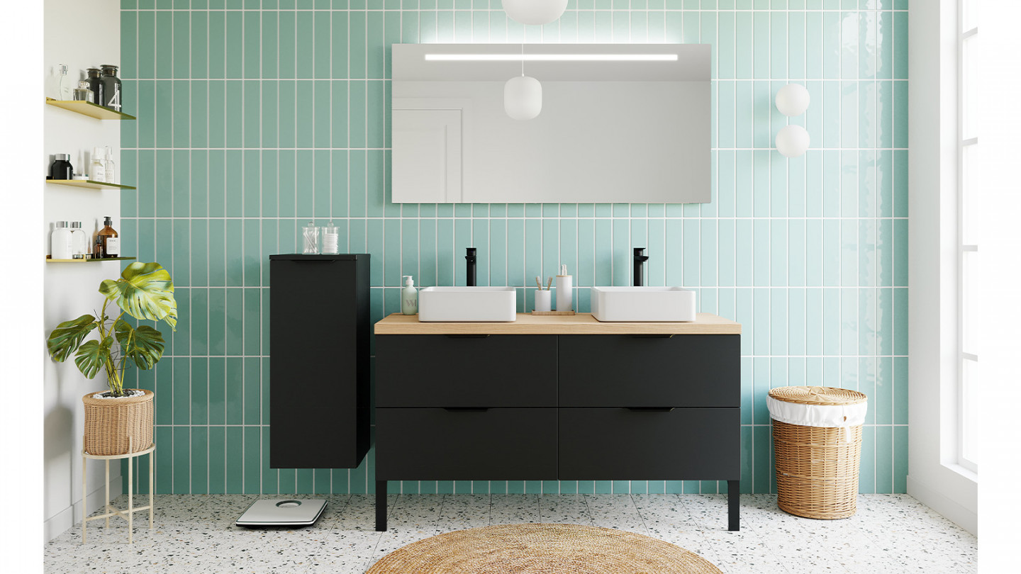 Meuble de salle de bain suspendu 2 vasques à poser 140cm 4 tiroirs Noir + miroir - Loft