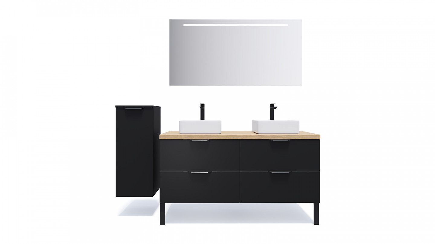 Meuble de salle de bain suspendu 2 vasques à poser 140cm 4 tiroirs Noir + miroir - Loft