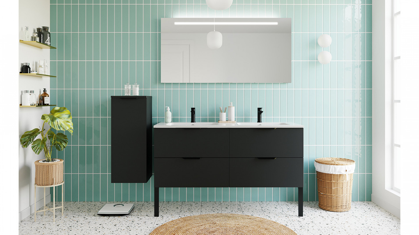 Meuble de salle de bain suspendu double vasque intégrée 140cm 4 tiroirs Noir + miroir - Loft