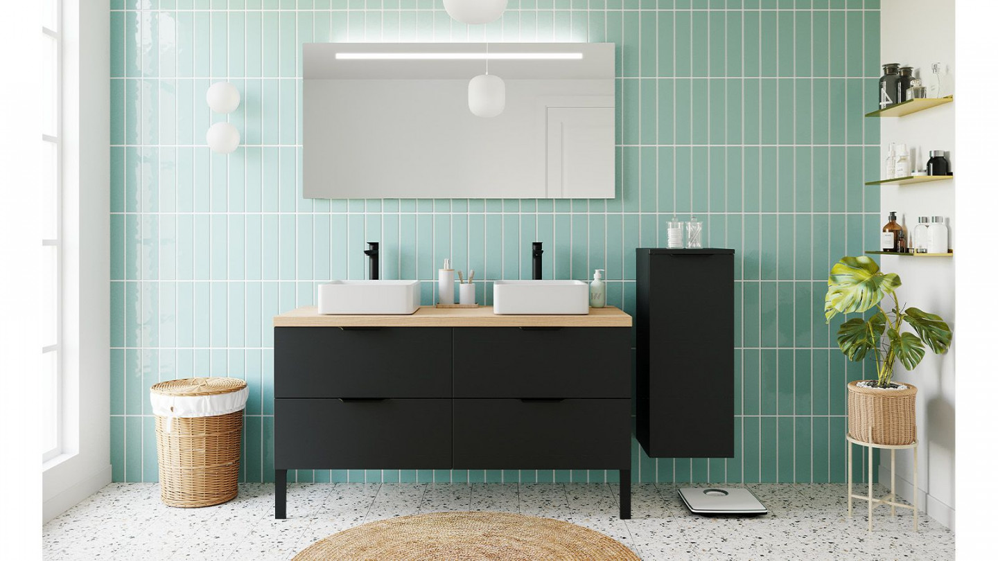 Meuble de salle de bain suspendu 2 vasques à poser 140cm 4 tiroirs Noir + miroir + colonne ouverture droite - Loft