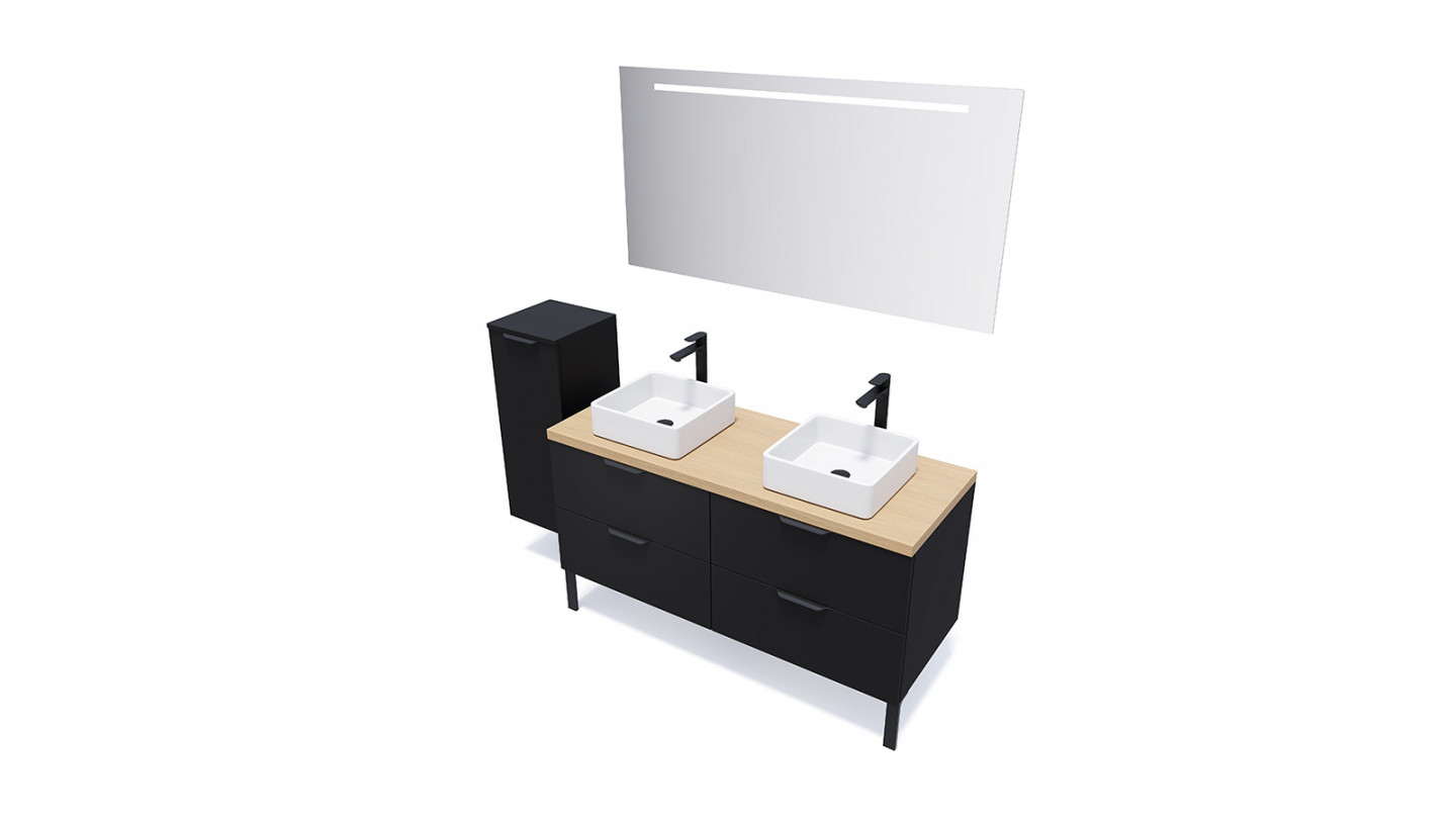 Meuble de salle de bain suspendu 2 vasques à poser 140cm 4 tiroirs Noir + miroir + colonne ouverture gauche - Loft