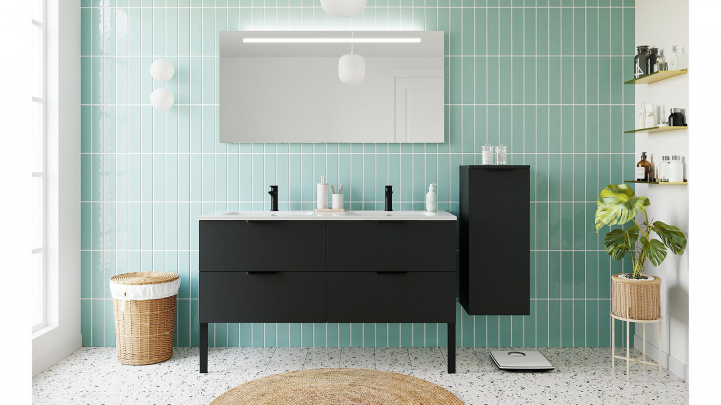 Meuble de salle de bain suspendu double vasque intégrée 140cm 4 tiroirs Noir + miroir + colonne ouverture droite - Loft