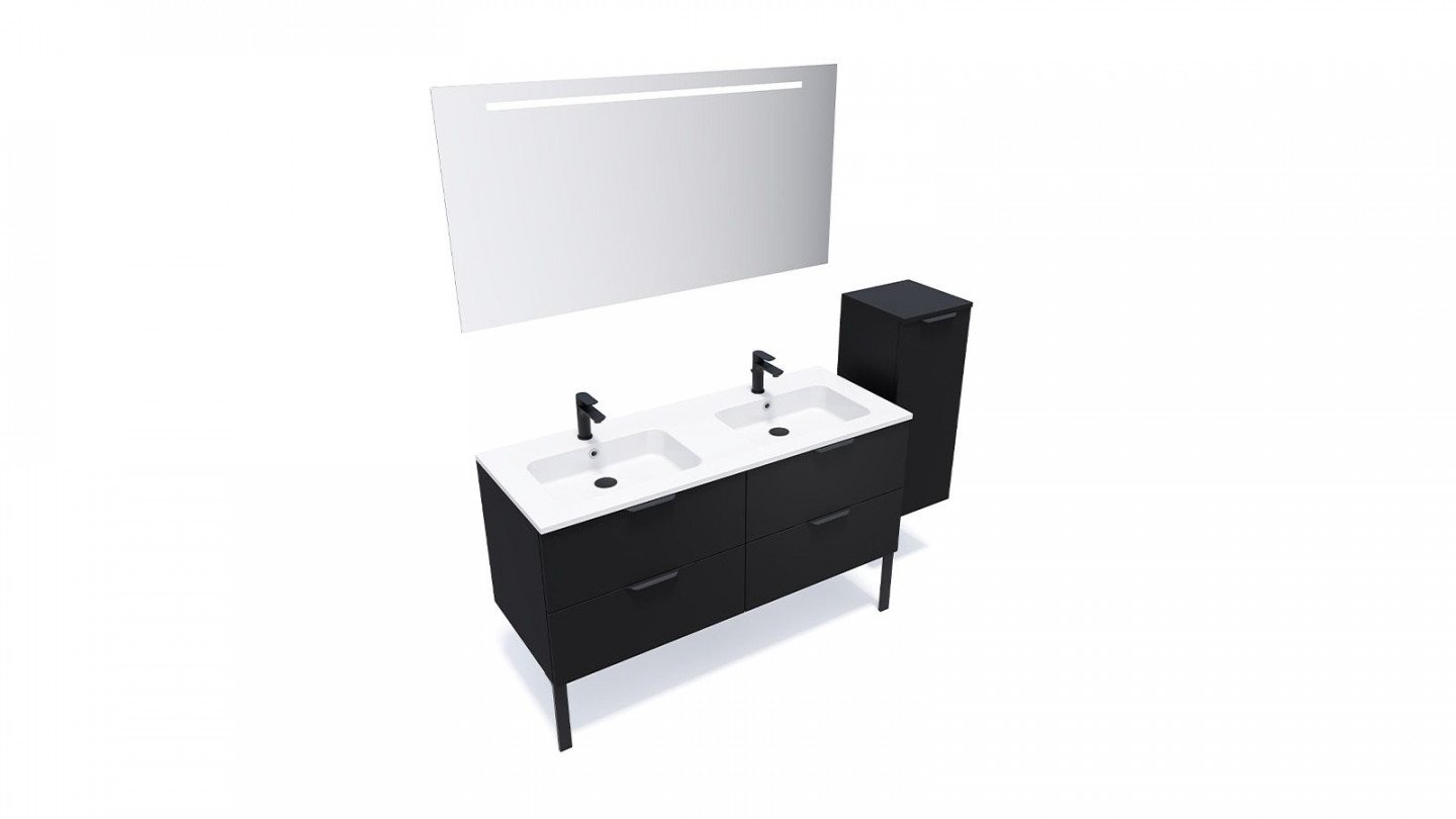 Meuble de salle de bain suspendu double vasque intégrée 140cm 4 tiroirs Noir + miroir + colonne ouverture droite - Loft