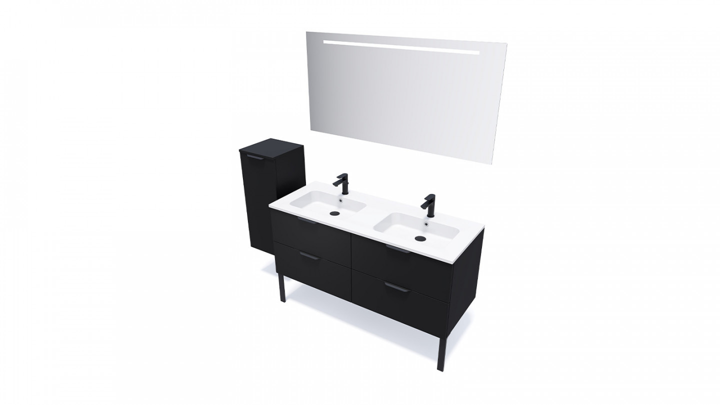 Meuble de salle de bain suspendu double vasque intégrée 140cm 4 tiroirs Noir + miroir + colonne ouverture gauche - Loft