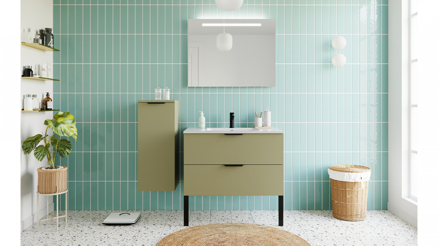Meuble de salle de bain suspendu vasque integree 90cm 2 tiroirs Vert olive- miroir - Loft