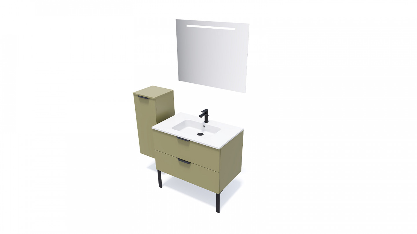 Meuble de salle de bain suspendu vasque integree 90cm 2 tiroirs Vert olive- miroir - Loft