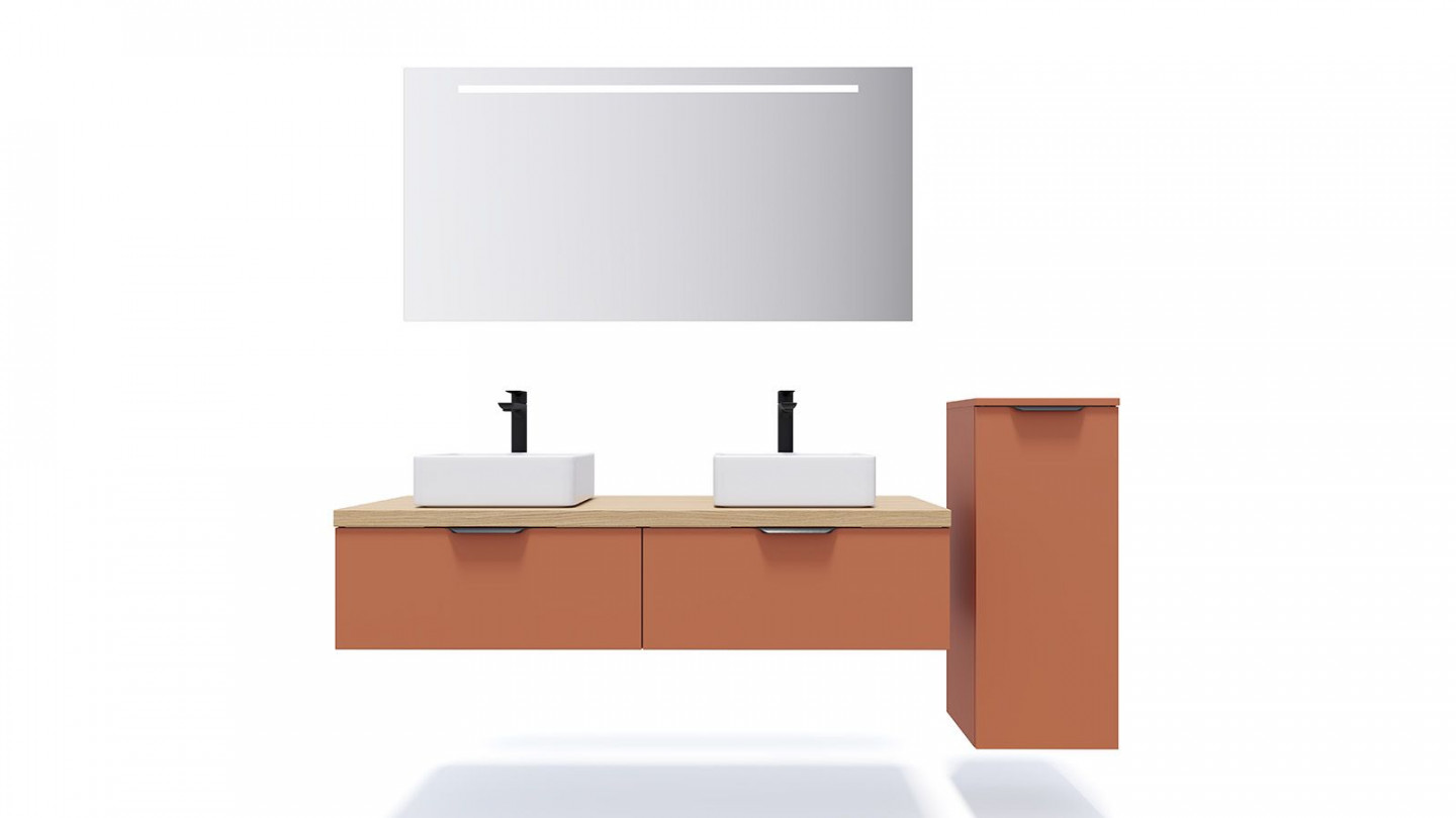 Meuble de salle de bains 140 cm Terracotta - 2 tiroirs - 2 vasques carrées + miroir + demi-colonne ouverture à droite - Loft