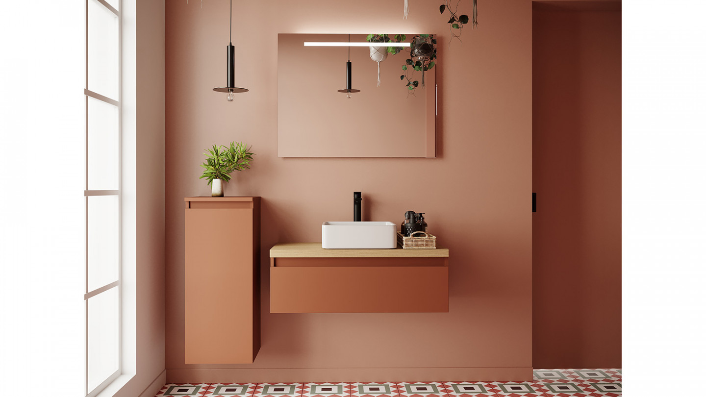 Meuble de salle de bain suspendu vasque à poser 90cm 1 tiroir Terracotta + miroir - Rivage