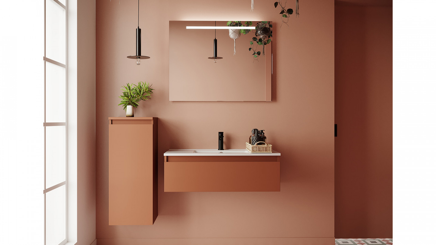 Meuble de salle de bain suspendu vasque intégrée 90cm 1 tiroir Terracotta + miroir - Rivage