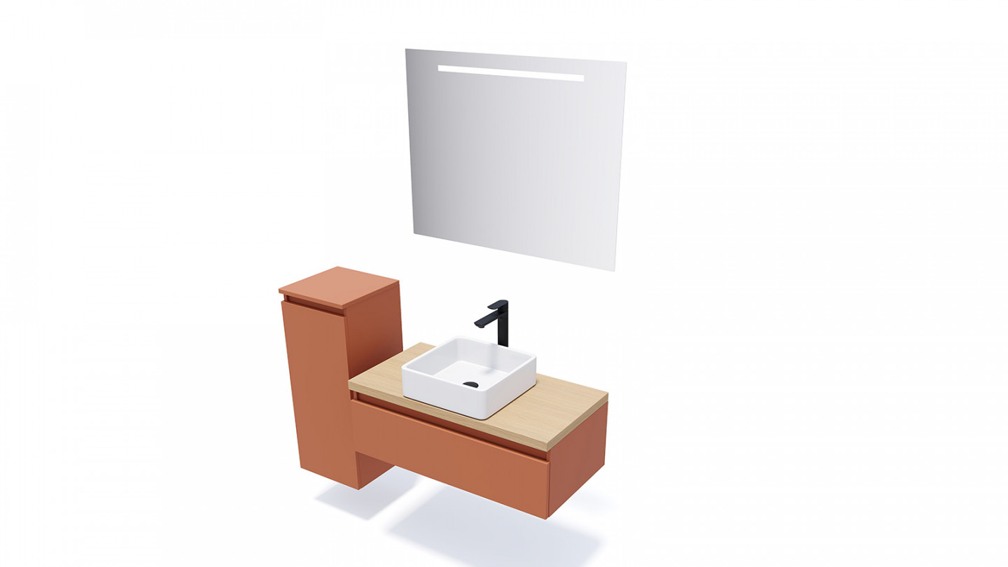Meuble de salle de bain suspendu vasque à poser 90cm 1 tiroir Terracotta + miroir + colonne ouverture gauche - Rivage