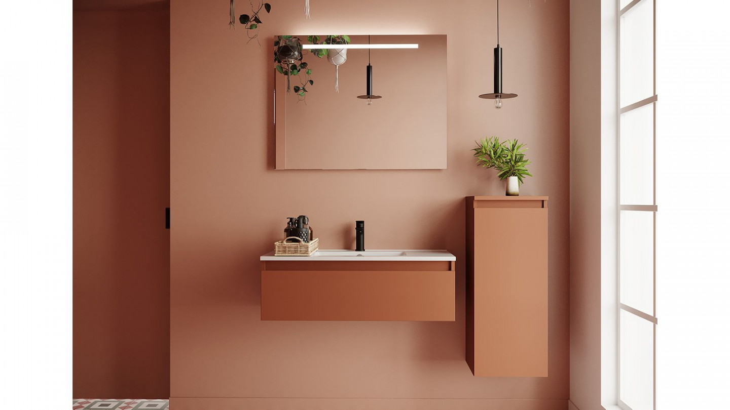 Meuble de salle de bain suspendu vasque intégrée 90cm 1 tiroir Terracotta + miroir + colonne ouverture droite - Rivage