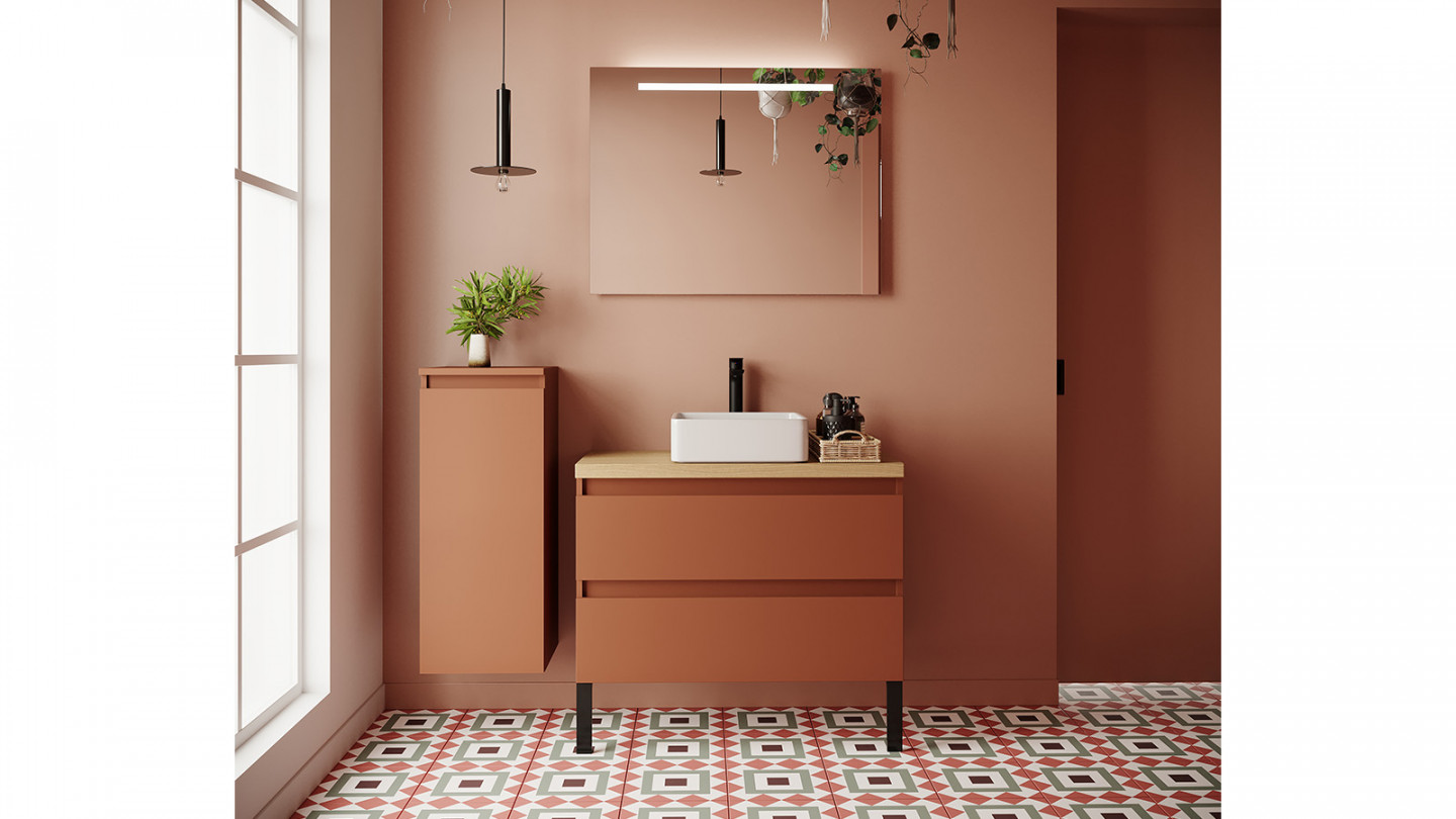 Meuble de salle de bain suspendu vasque à poser 90cm 2 tiroirs Terracotta + miroir - Rivage