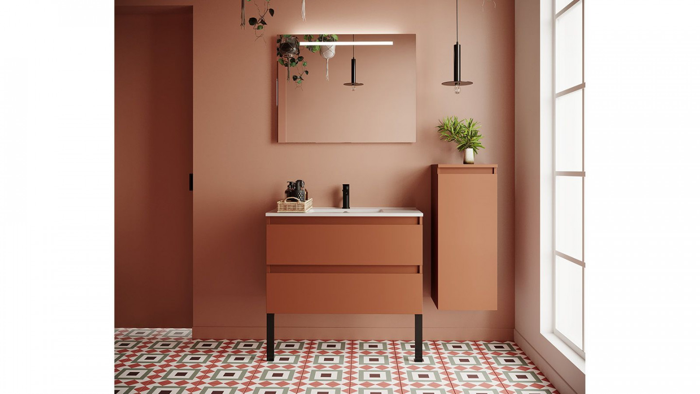 Meuble de salle de bain suspendu vasque intégrée 90cm 2 tiroirs Terracotta + miroir + colonne ouverture droite - Rivage