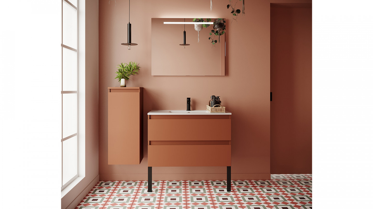 Meuble de salle de bain suspendu vasque intégrée 90cm 2 tiroirs Terracotta + miroir + colonne ouverture gauche - Rivage