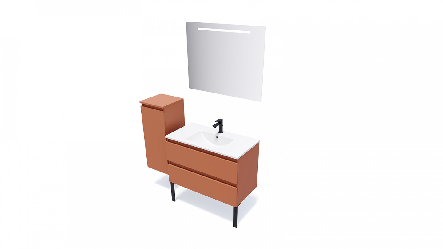 Meuble de salle de bain suspendu vasque intégrée 90cm 2 tiroirs Terracotta + miroir + colonne ouverture gauche - Rivage