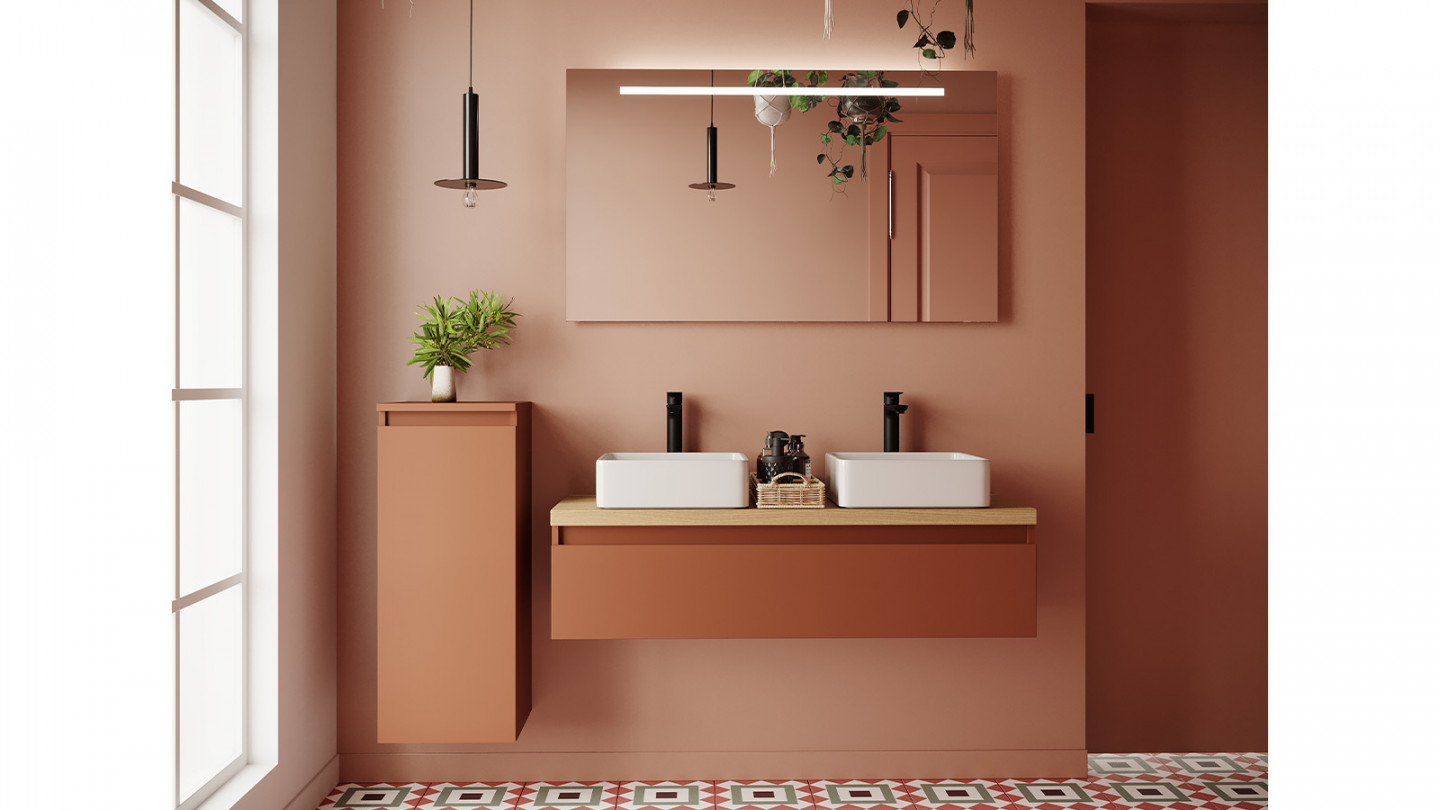 Meuble de salle de bain suspendu 2 vasques à poser 120cm 1 tiroir Terracotta + miroir - Rivage