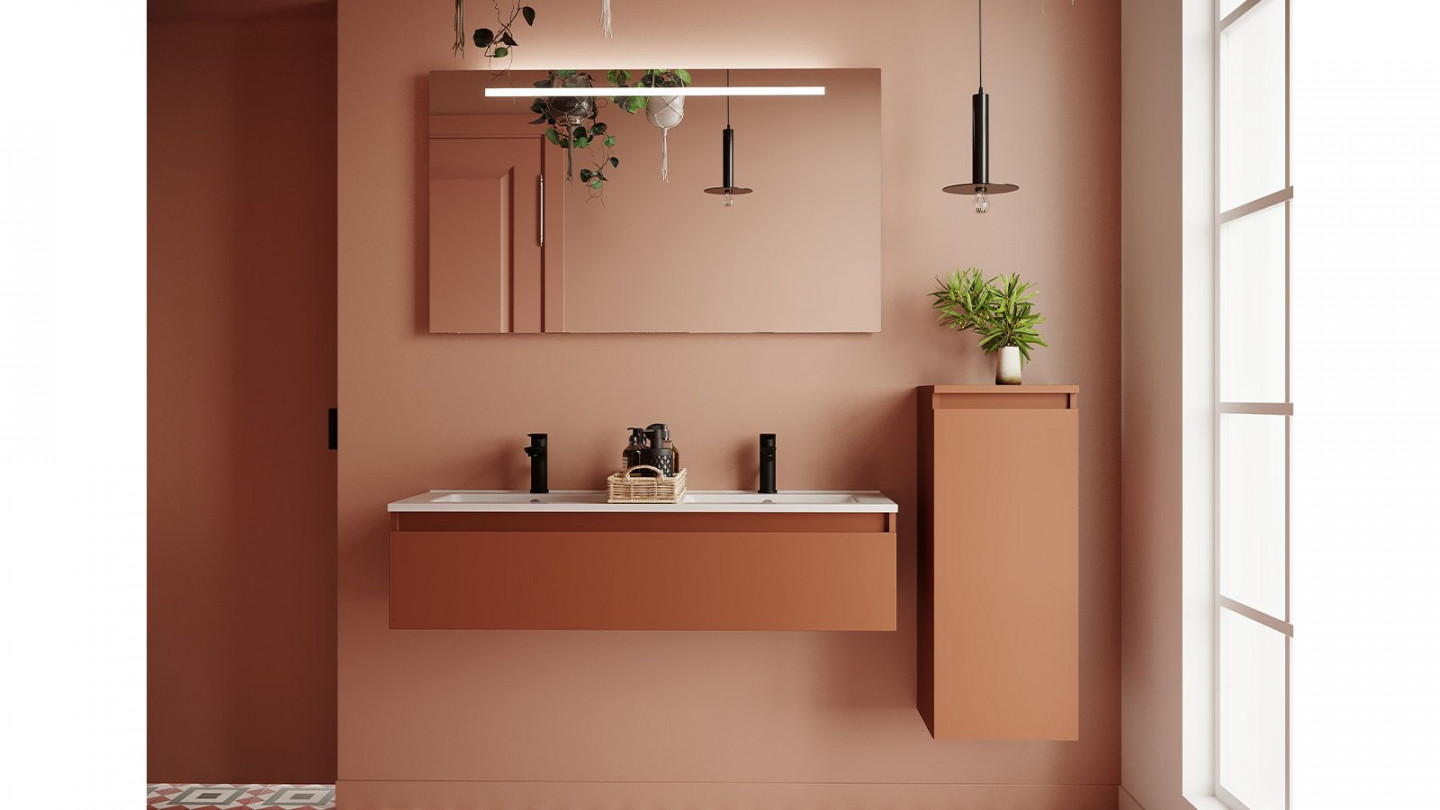 Meuble de salle de bain suspendu double vasque intégrée 120cm 1 tiroir Terracotta + miroir + colonne ouverture droite - Rivage