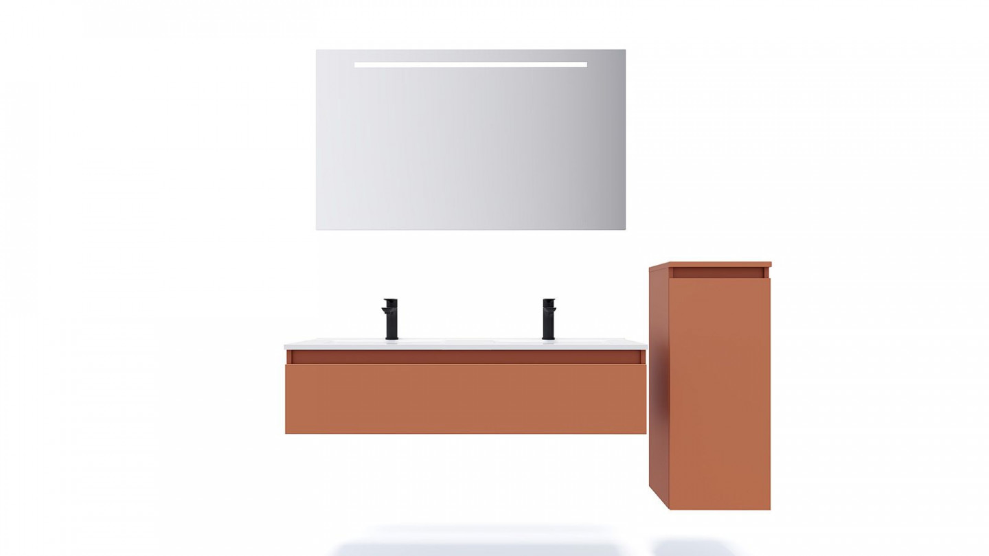 Meuble de salle de bain suspendu double vasque intégrée 120cm 1 tiroir Terracotta + miroir + colonne ouverture droite - Rivage