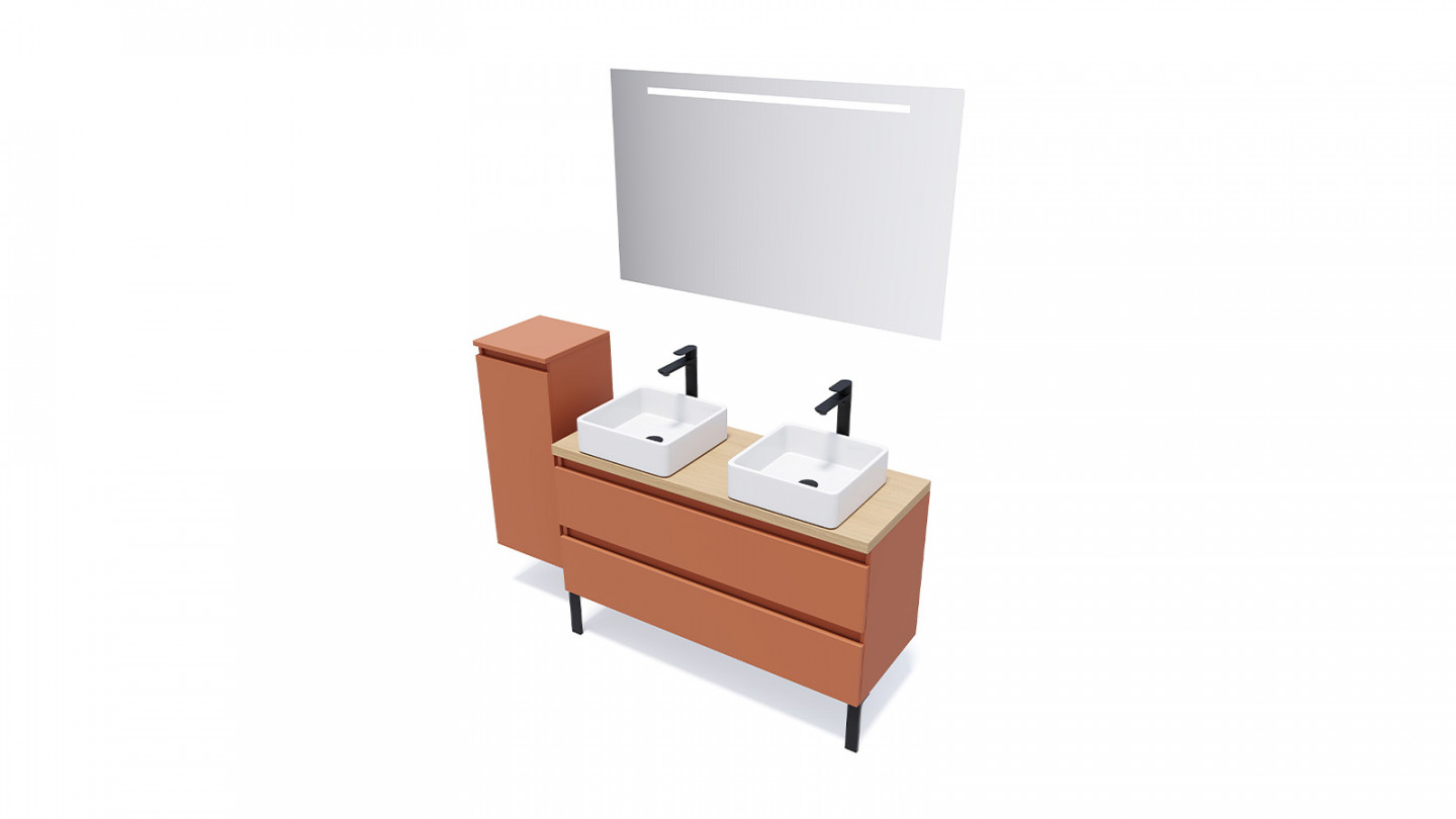Meuble de salle de bain suspendu 2 vasques à poser 120cm 2 tiroirs Terracotta - Rivage