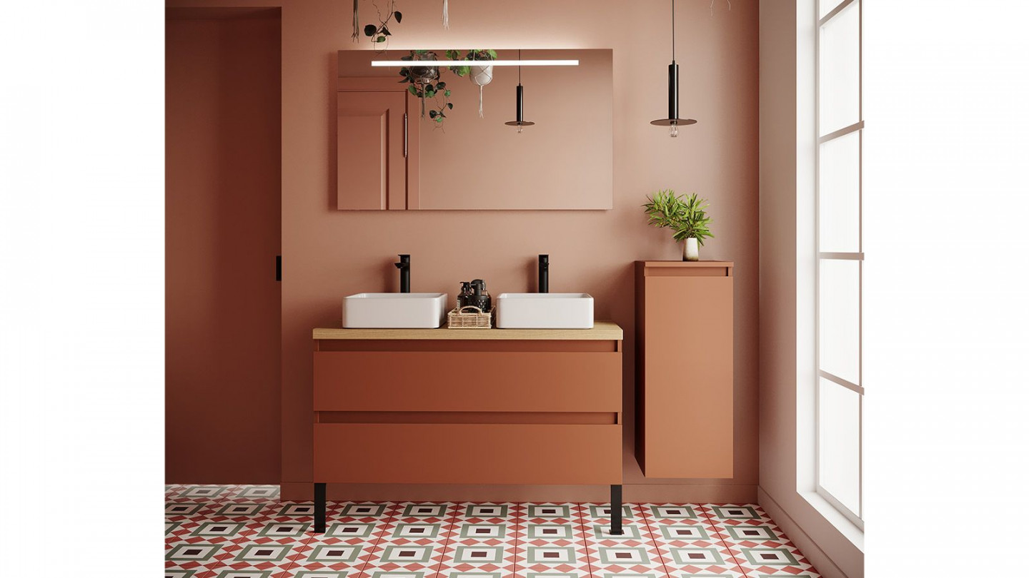 Meuble de salle de bain suspendu 2 vasques à poser 120cm 2 tiroirs Terracotta + miroir + colonne ouverture droite - Rivage