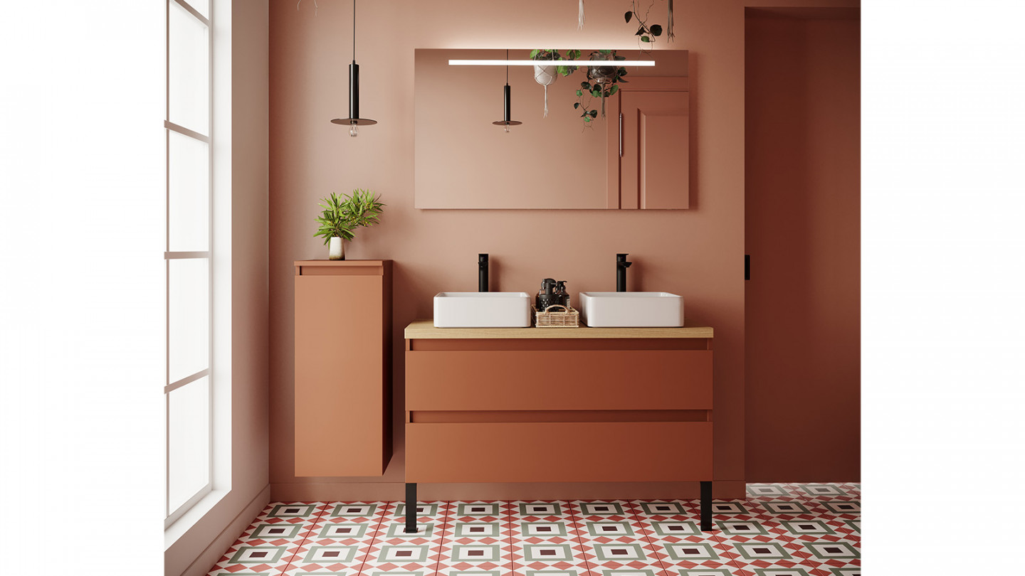Meuble de salle de bain suspendu 2 vasques à poser 120cm 2 tiroirs Terracotta + miroir + colonne ouverture gauche - Rivage