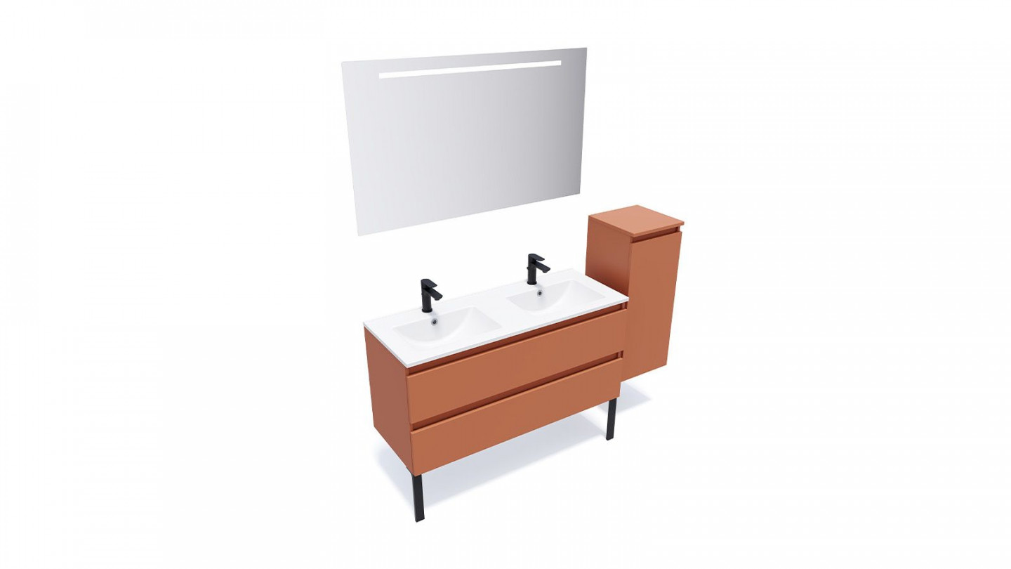 Meuble de salle de bain suspendu double vasque intégrée 120cm 2 tiroirs Terracotta + miroir + colonne ouverture droite - Rivage