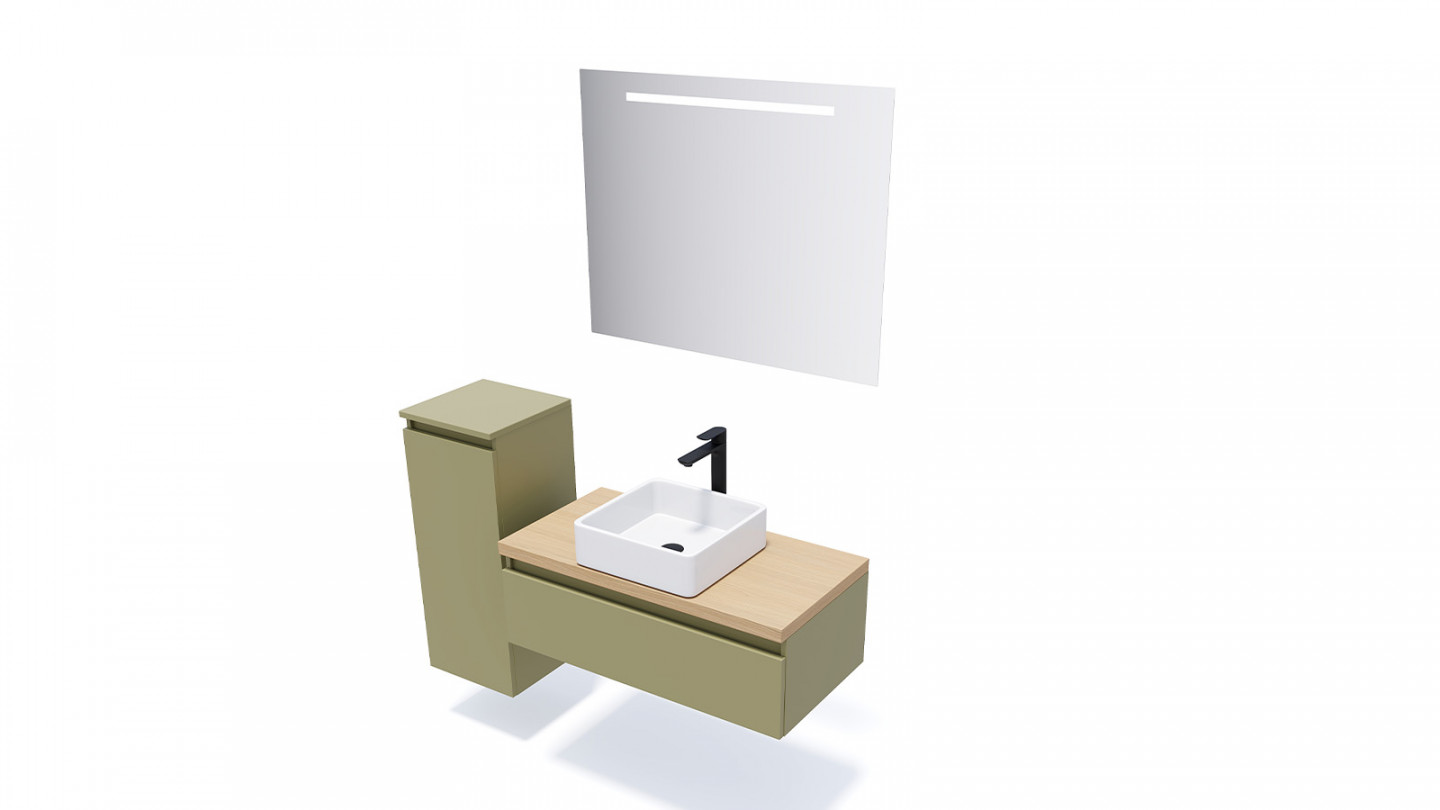 Meuble de salle de bain suspendu vasque à poser 90cm 1 tiroir Vert olive + miroir - Rivage