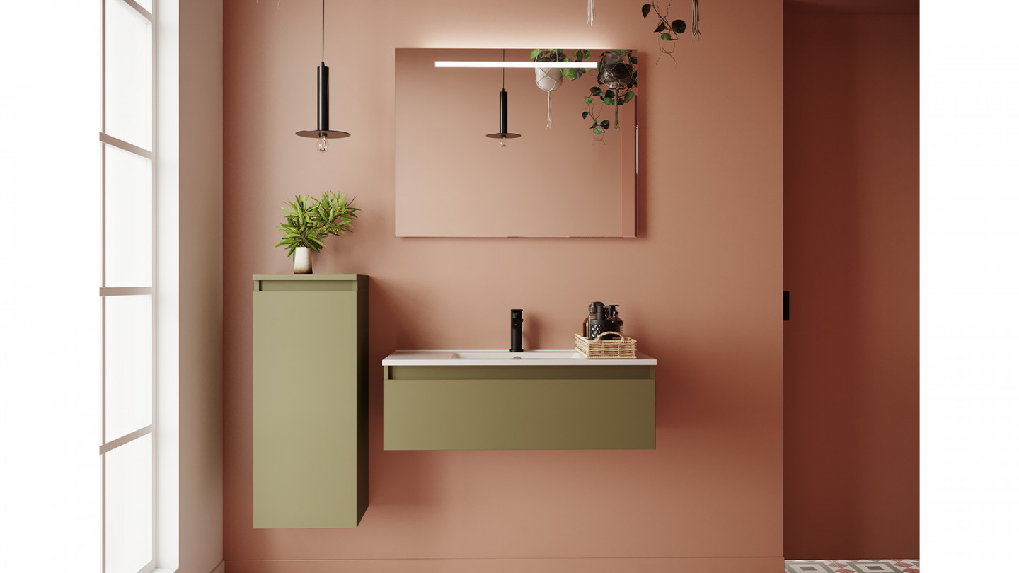 Meuble de salle de bain suspendu vasque intégrée 90cm 1 tiroir Vert olive + miroir - Rivage
