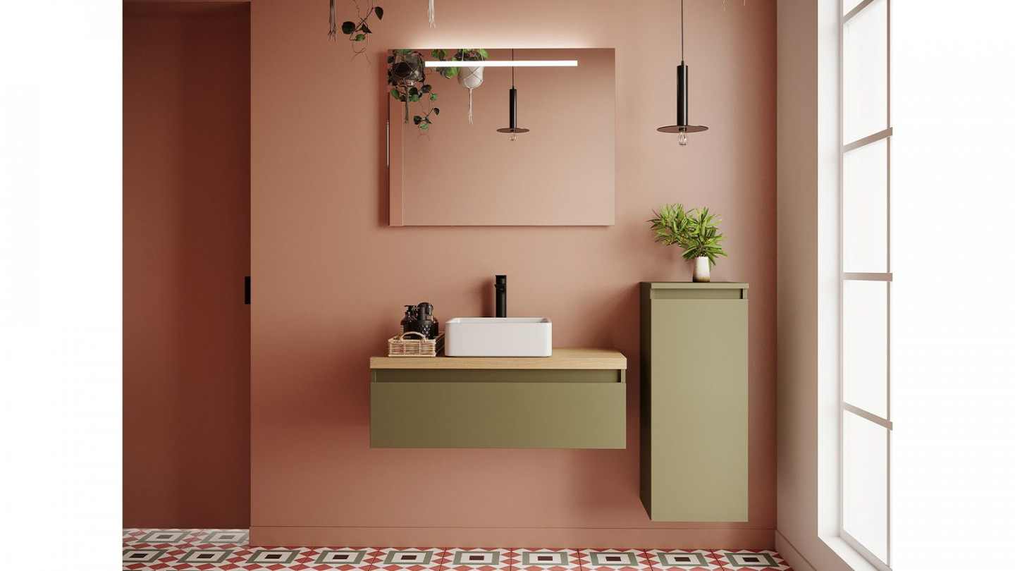 Meuble de salle de bain suspendu vasque à poser 90cm 1 tiroir Vert olive + miroir + colonne ouverture droite - Rivage
