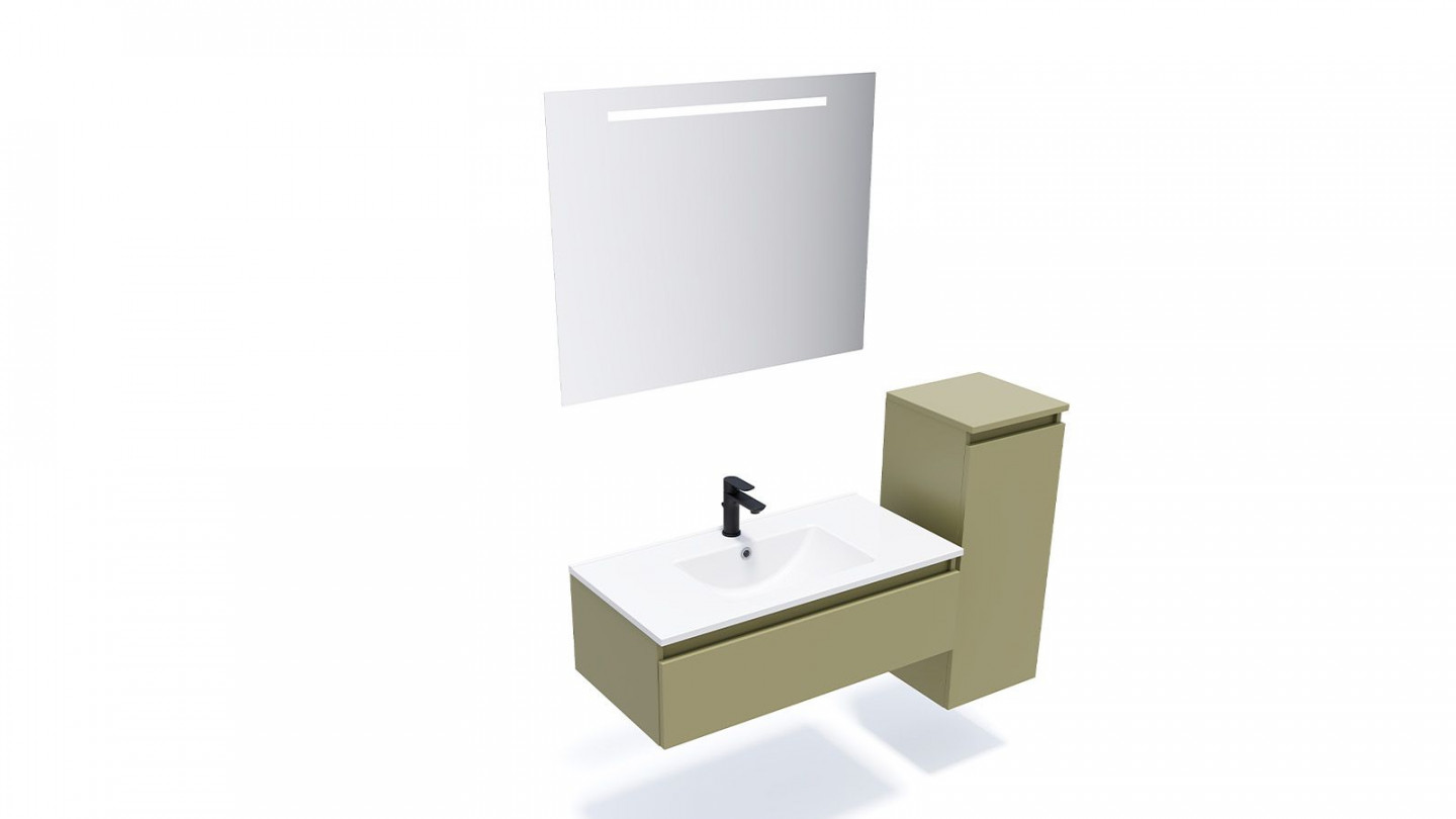 Meuble de salle de bain suspendu vasque intégrée 90cm 1 tiroir Vert olive + miroir + colonne ouverture droite - Rivage