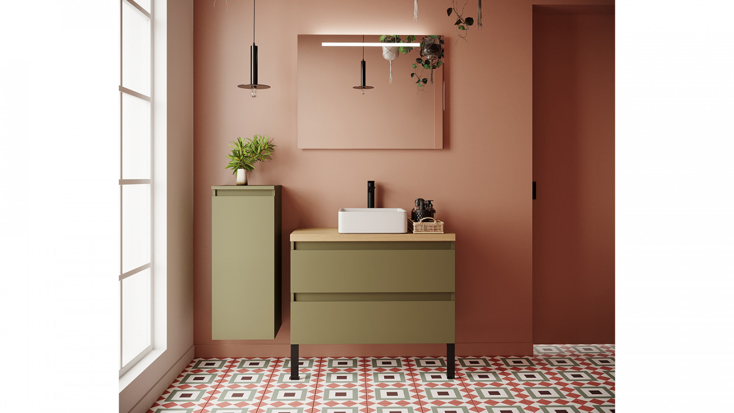 Meuble de salle de bain suspendu vasque à poser 90cm 2 tiroirs Vert olive - Rivage