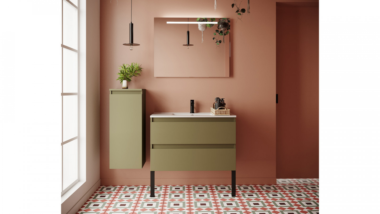 Meuble de salle de bain suspendu vasque intégrée 90cm 2 tiroirs Vert olive + miroir - Rivage