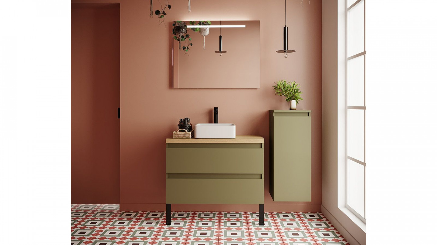 Meuble de salle de bain suspendu vasque à poser 90cm 2 tiroirs Vert olive + miroir + colonne ouverture droite - Rivage