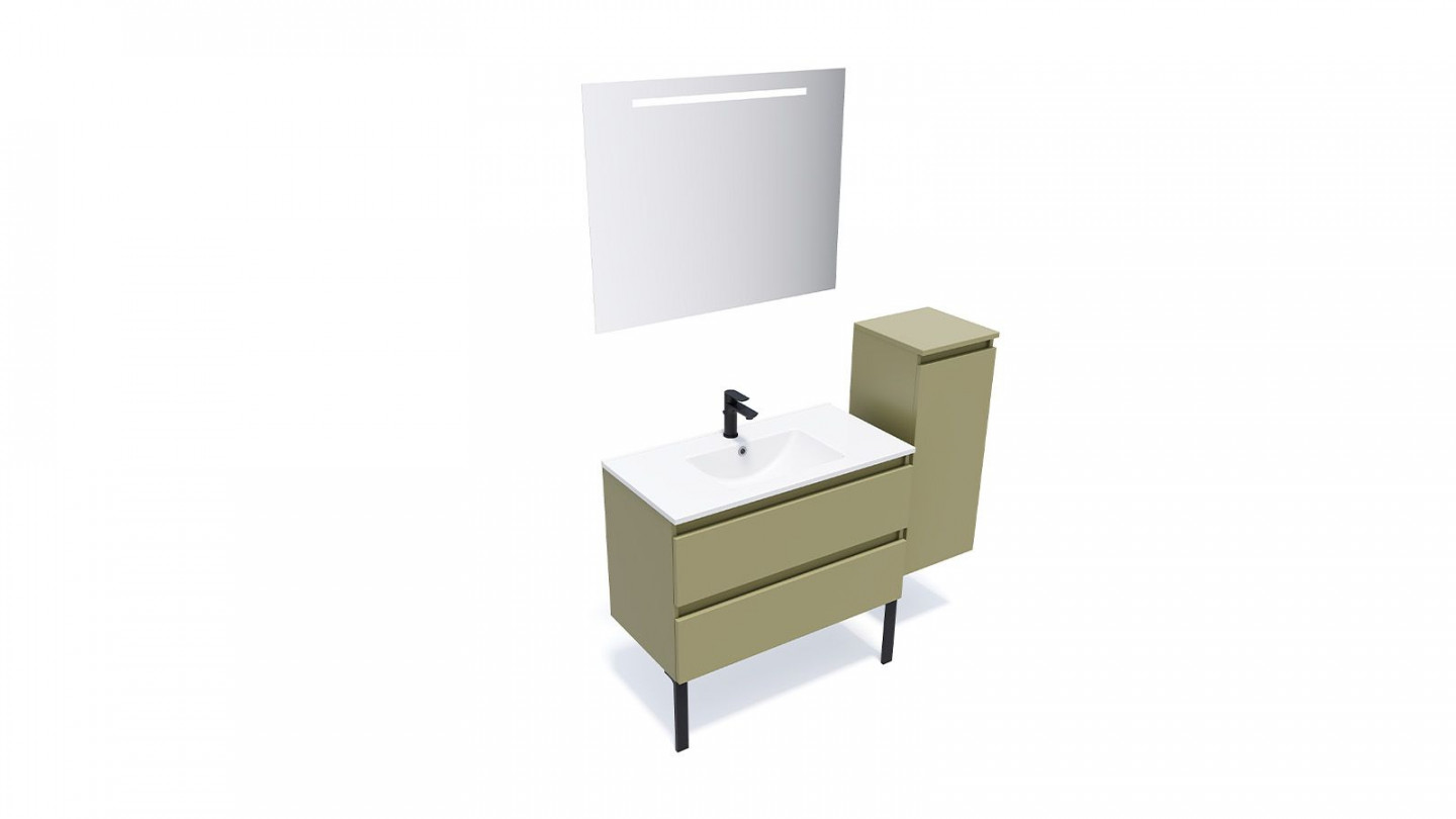 Meuble de salle de bain suspendu vasque intégrée 90cm 2 tiroirs Vert olive + miroir + colonne ouverture droite - Rivage