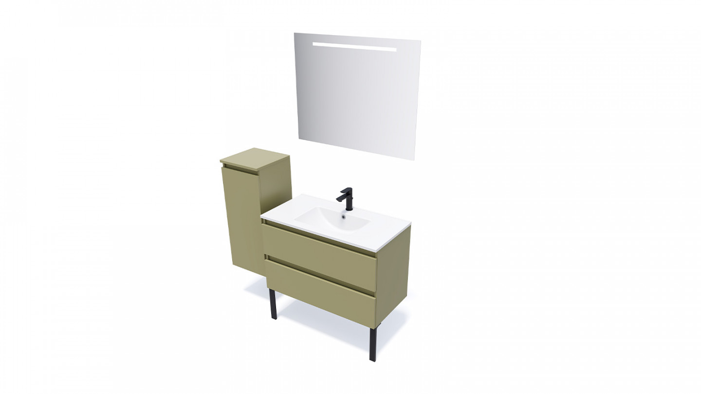 Meuble de salle de bain suspendu vasque intégrée 90cm 2 tiroirs Vert olive + miroir + colonne ouverture gauche - Rivage