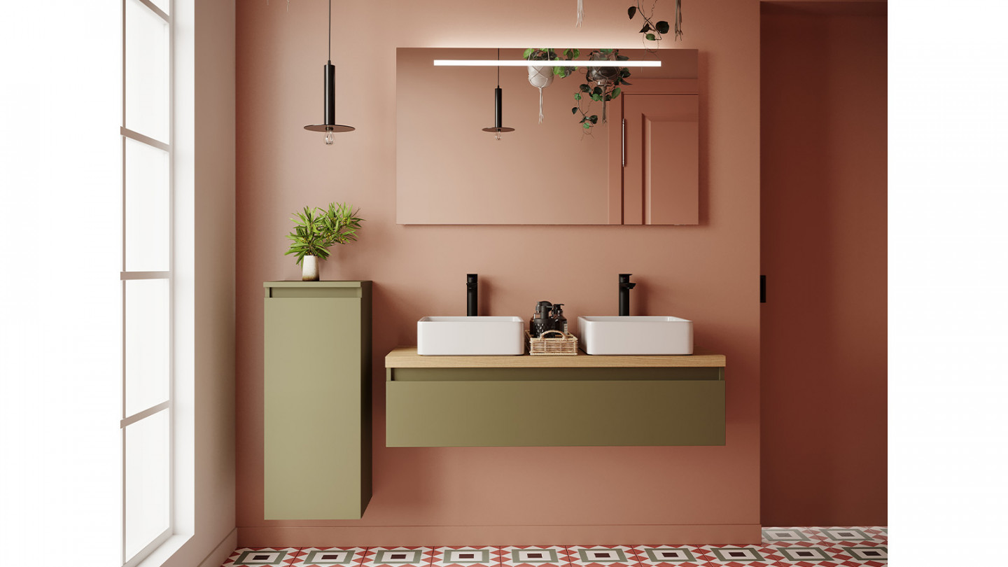 Meuble de salle de bain suspendu 2 vasques à poser 120cm 1 tiroir Vert olive - Rivage