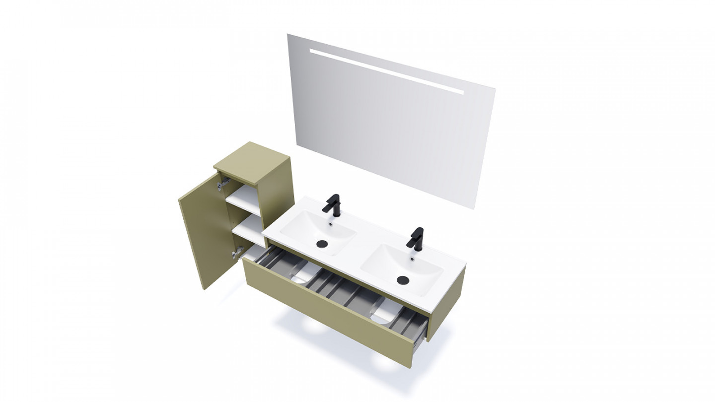 Meuble de salle de bain suspendu double vasque intégrée 120cm 1 tiroir Vert olive + miroir - Rivage