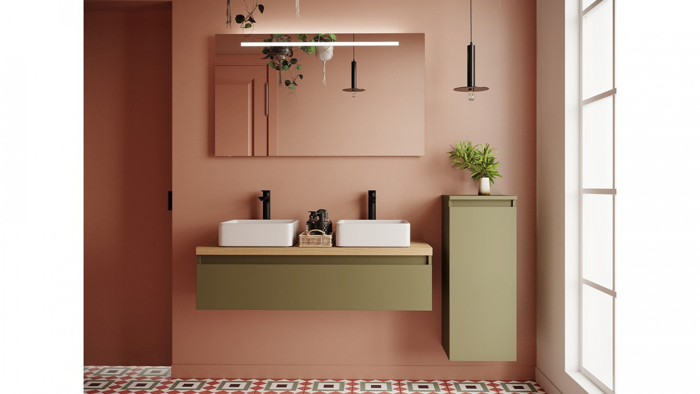 Meuble de salle de bain suspendu 2 vasques à poser 120cm 1 tiroir Vert olive + miroir + colonne ouverture droite - Rivage