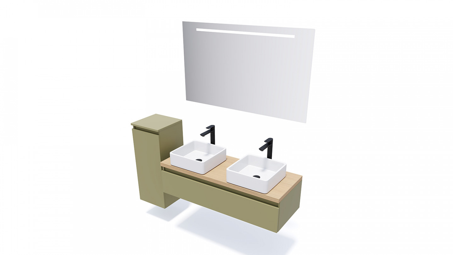 Meuble de salle de bain suspendu 2 vasques à poser 120cm 1 tiroir Vert olive + miroir + colonne ouverture gauche - Rivage