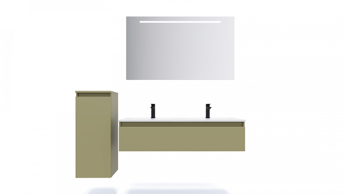 Meuble de salle de bain suspendu double vasque intégrée 120cm 1 tiroir Vert olive + miroir + colonne ouverture gauche - Rivage