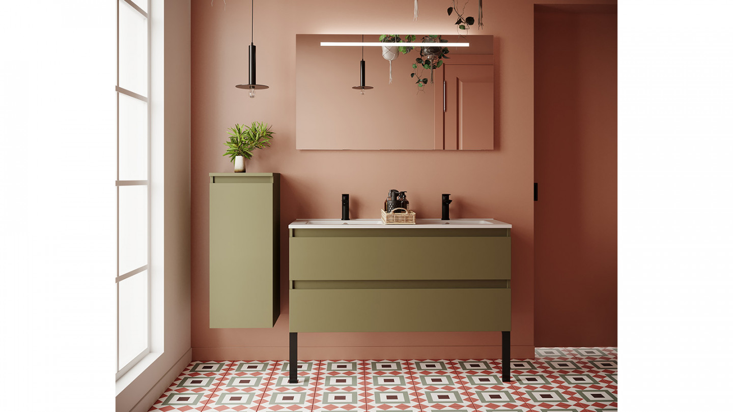 Meuble de salle de bain suspendu double vasque intégrée 120cm 2 tiroirs  Vert olive + miroir - Hudson - Homifab