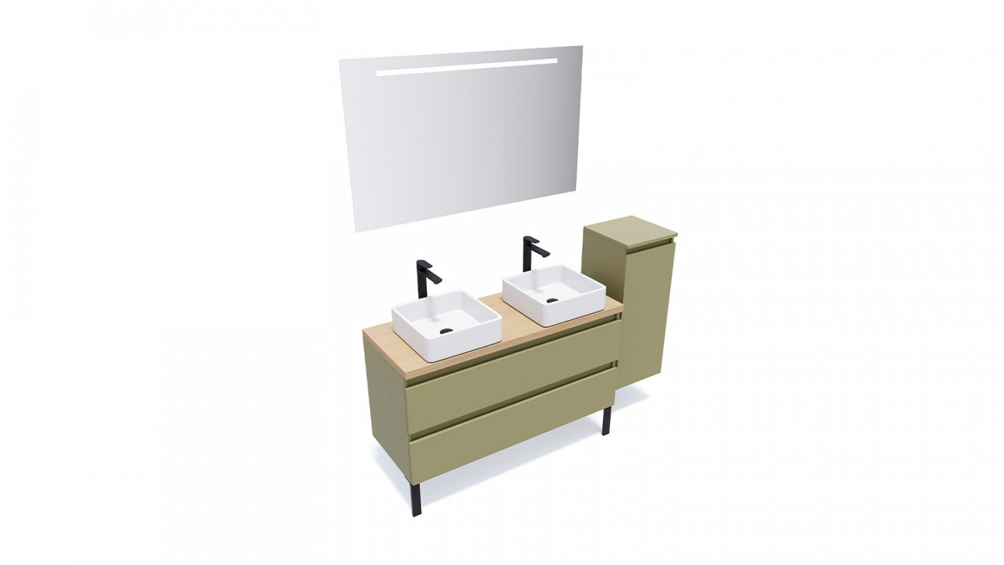 Meuble de salle de bain suspendu 2 vasques à poser 120cm 2 tiroirs Vert olive + miroir + colonne ouverture droite - Rivage