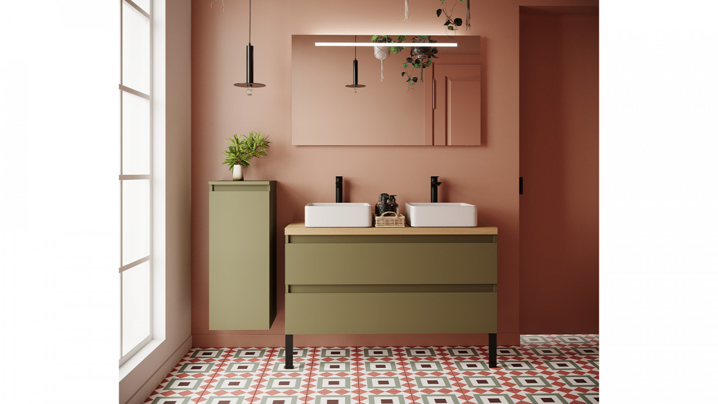 Meuble de salle de bain suspendu 2 vasques à poser 120cm 2 tiroirs Vert olive + miroir + colonne ouverture gauche - Rivage