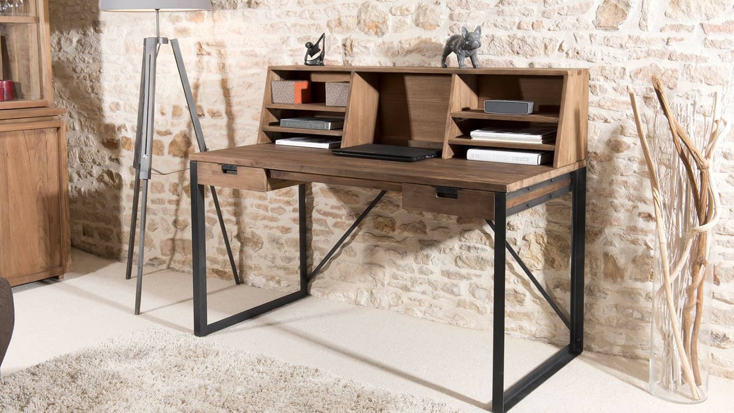 Bureau / Console rétro bois 2 tiroirs et pieds croisés métal noir