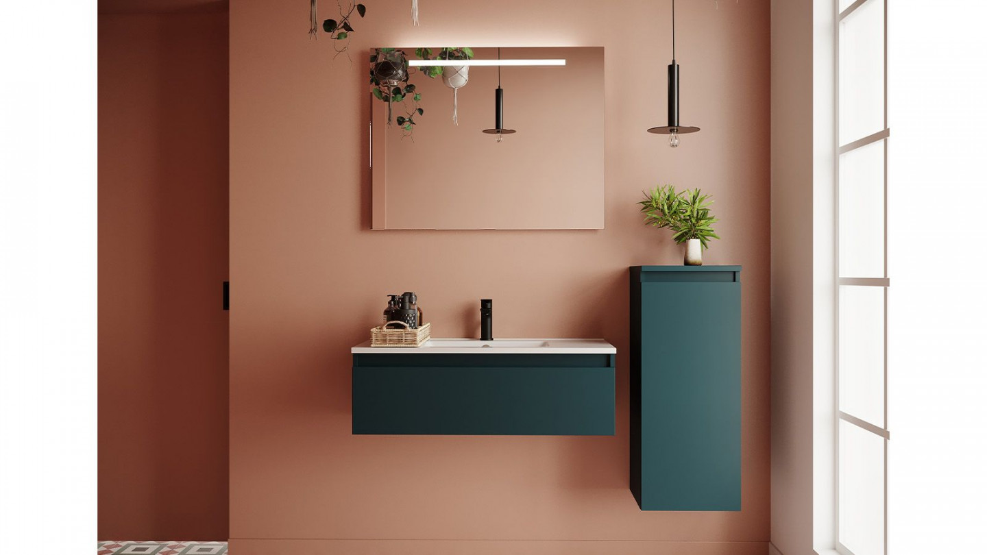 Meuble de salle de bain suspendu vasque intégrée 90cm 1 tiroir Bleu + miroir + colonne ouverture droite - Rivage