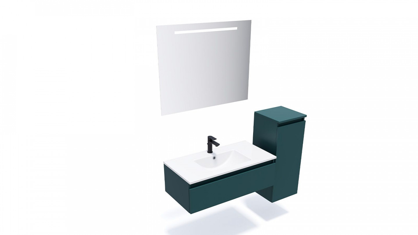 Meuble de salle de bain suspendu vasque intégrée 90cm 1 tiroir Bleu + miroir + colonne ouverture droite - Rivage