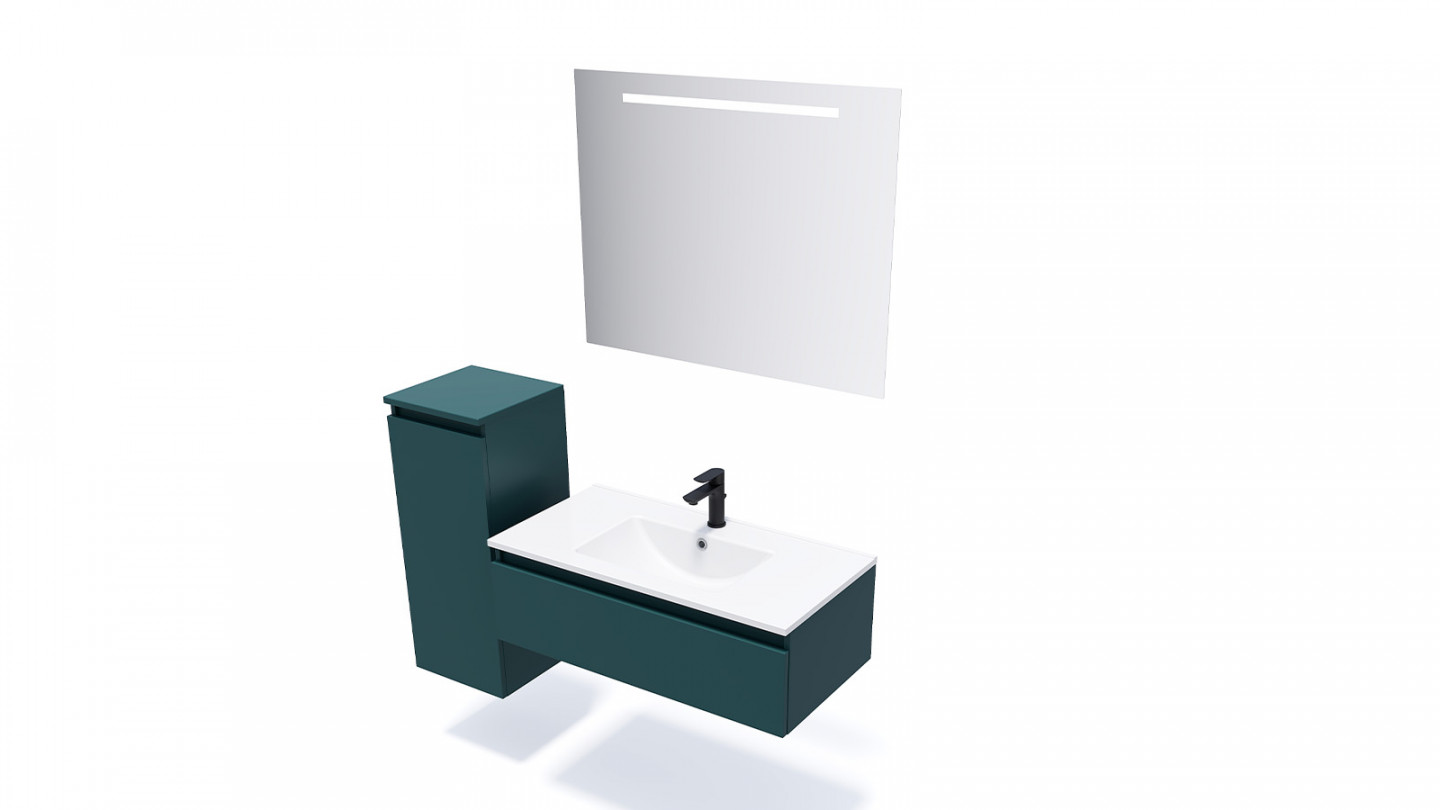 Meuble de salle de bain suspendu vasque intégrée 90cm 1 tiroir Bleu + miroir + colonne ouverture gauche - Rivage