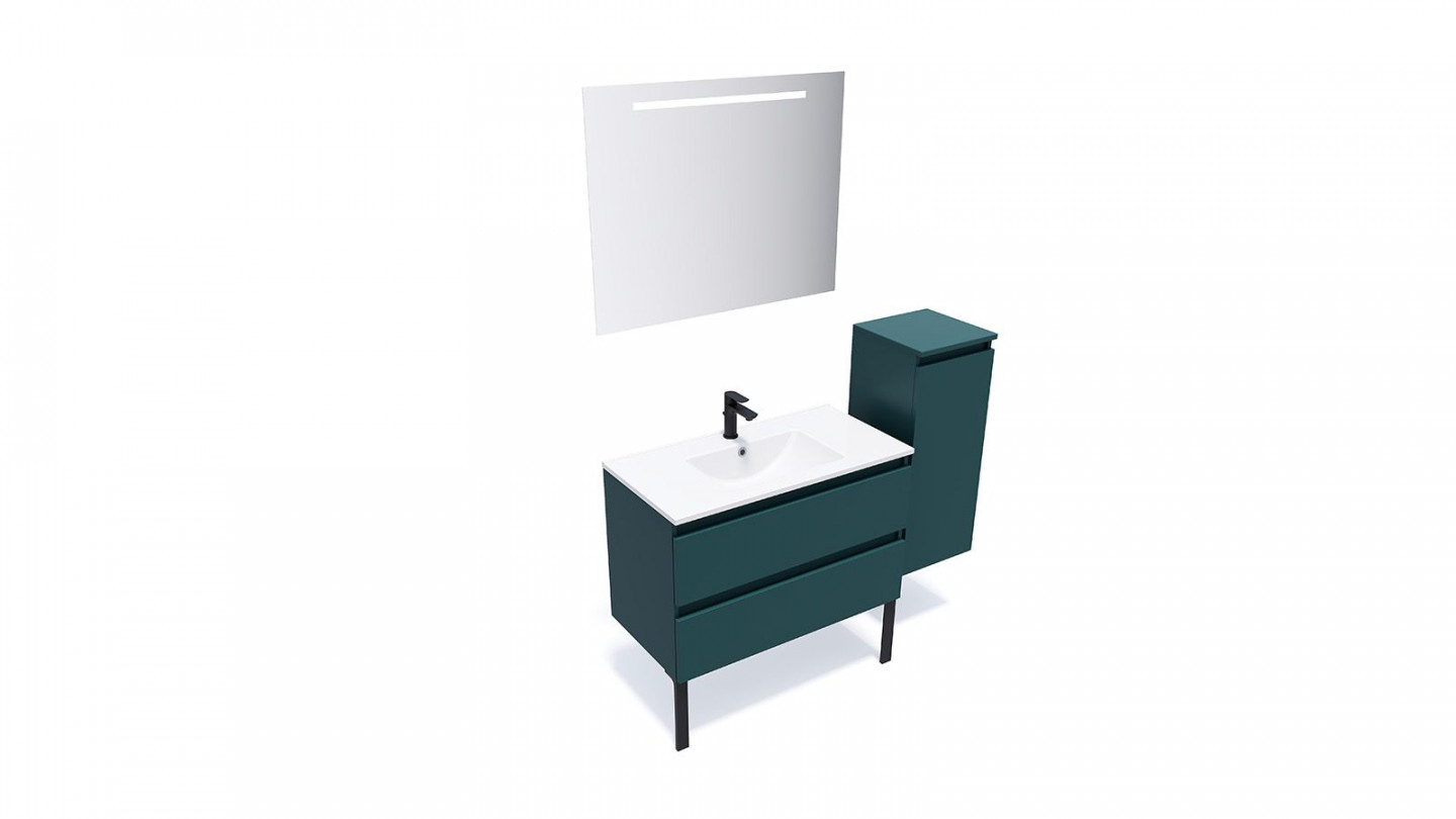Meuble de salle de bain suspendu vasque intégrée 90cm 2 tiroirs Bleu + miroir + colonne ouverture droite - Rivage